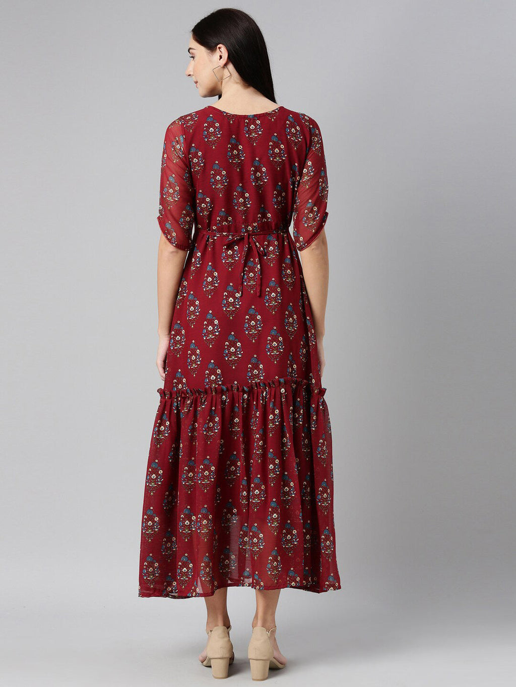 Souchii Floral Printed Boat Neck Chiffon Maxi Dress | Grocsy