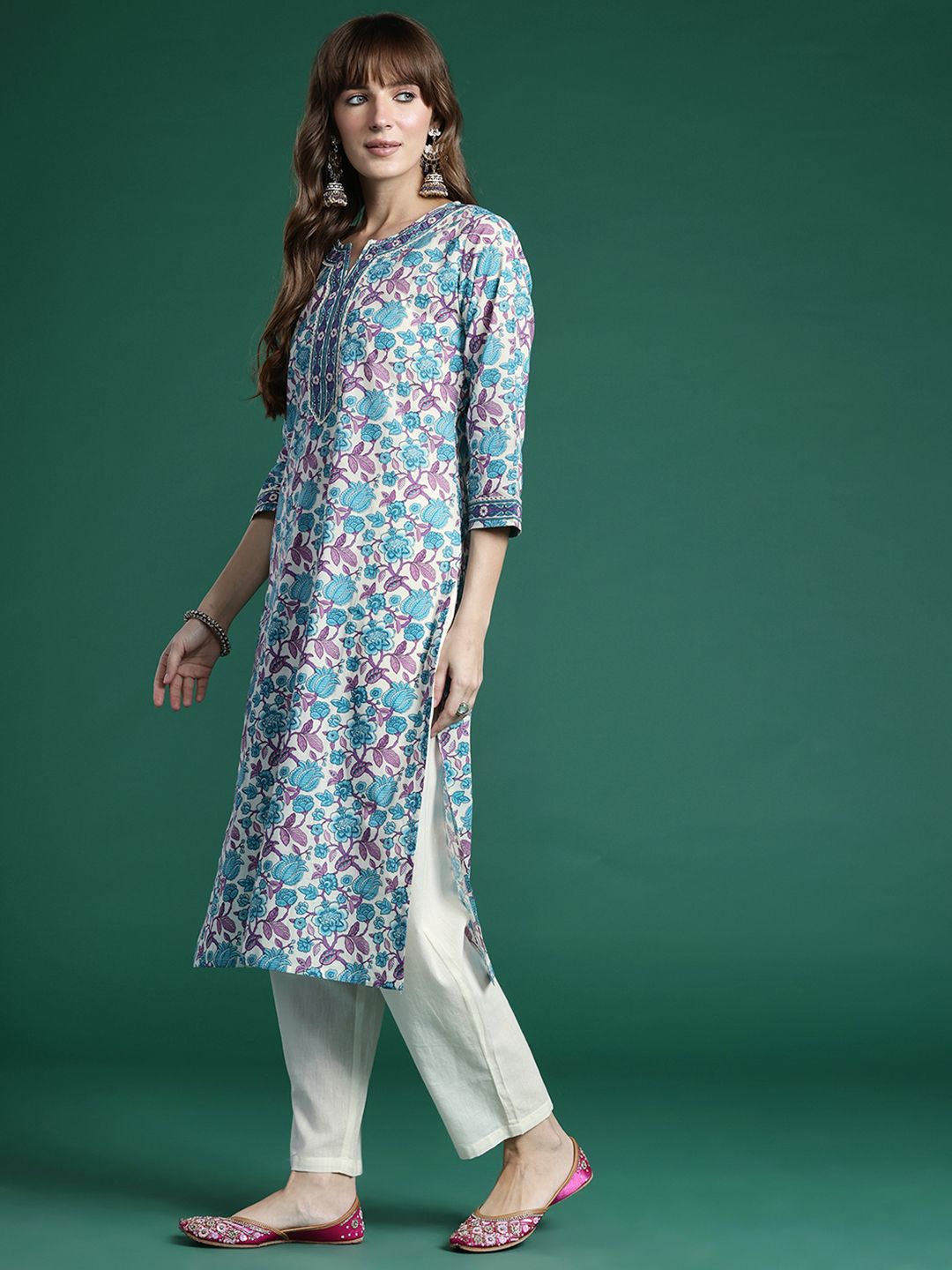 Indo Era Floral Printed Regular Pure Cotton Kurta with Trousers & Dupatta | Grocsy