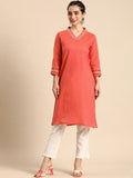 Sangria Women Coral Orange Solid Pure Cotton Kurta | Grocsy