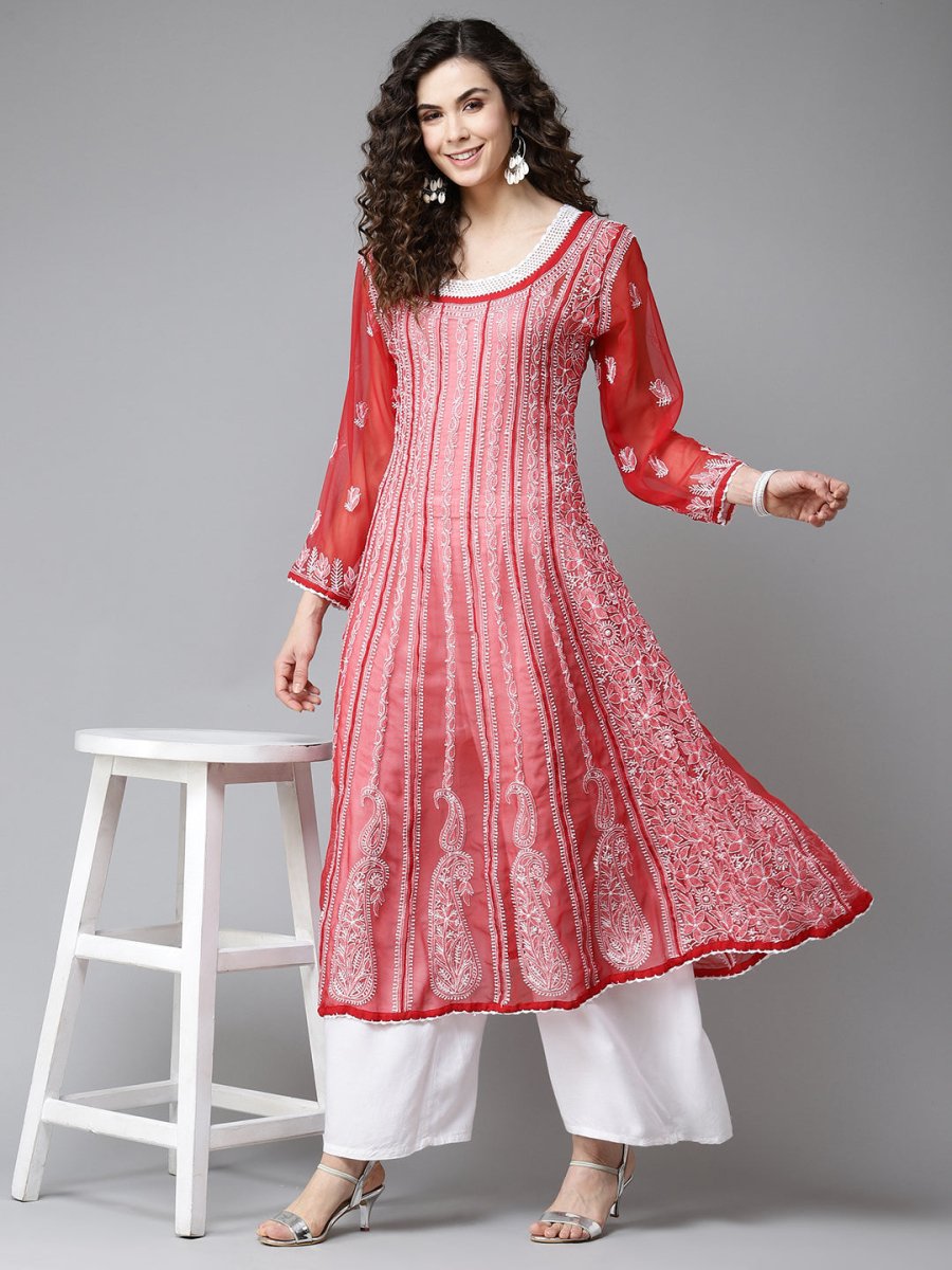 ADA Women Red & White Ethnic Motifs Embroidered Chikankari Georgette Kurta | Grocsy