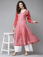 ADA Women Red & White Ethnic Motifs Embroidered Chikankari Georgette Kurta | Grocsy