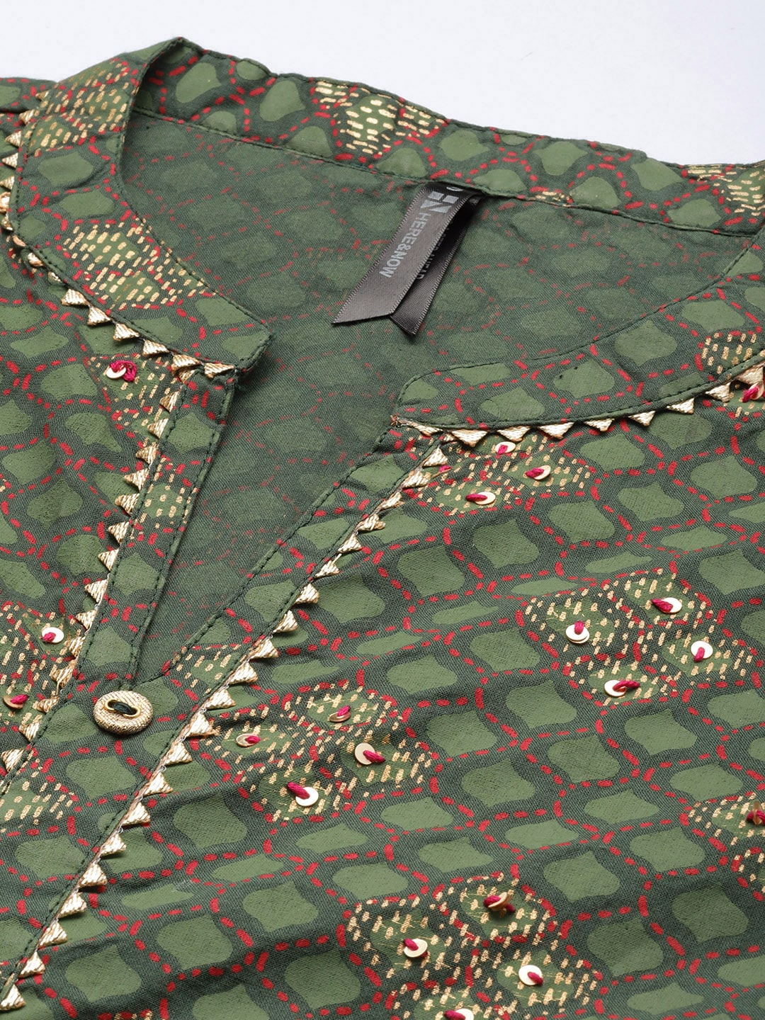 HERE&NOW Ethnic Motifs Printed Gotta Patti Pure Cotton Kurta With Trousers & With Dupatta | Grocsy