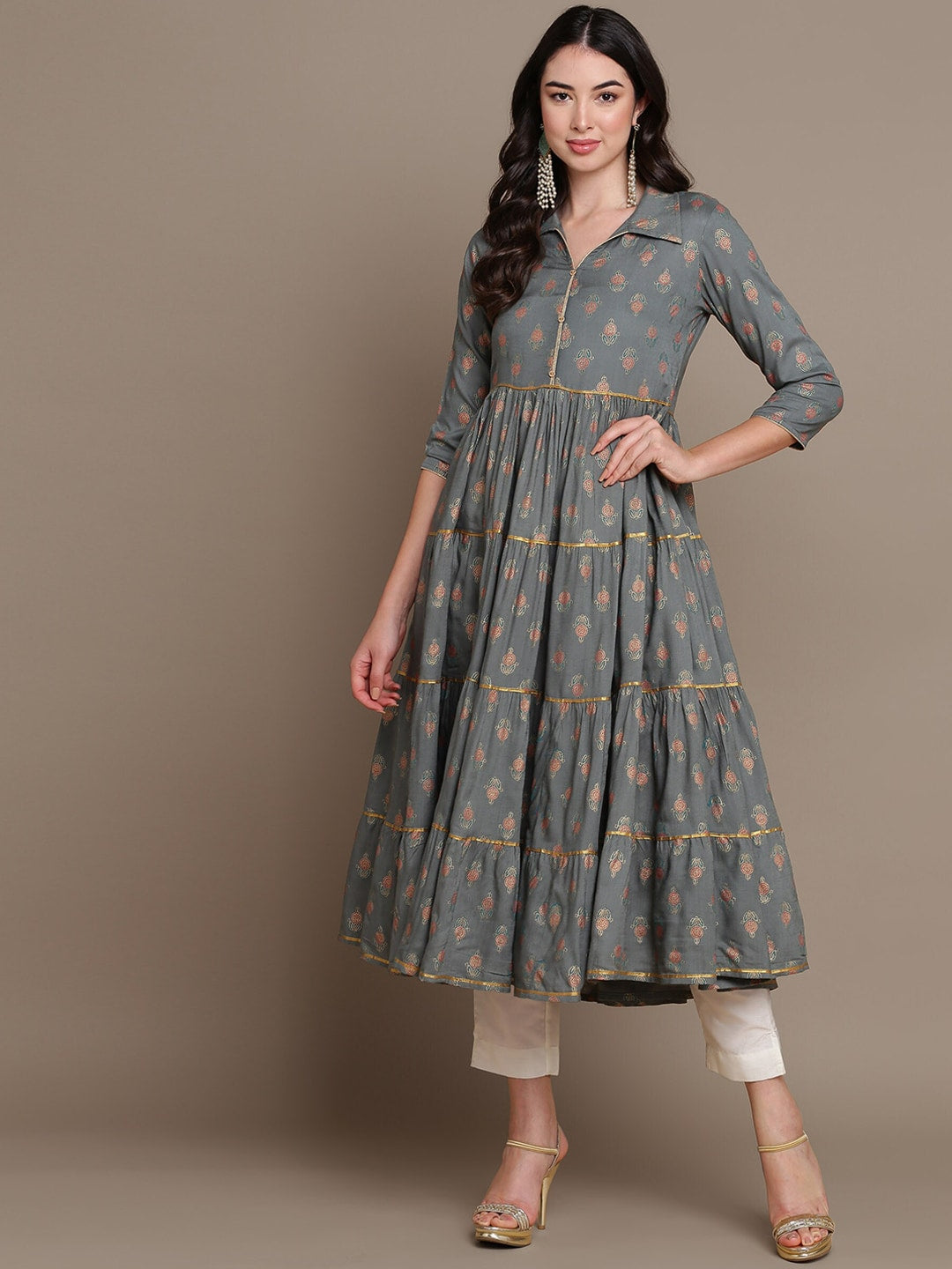 HERE&NOW Ethnic Motifs Printed Shirt Collar Tiered Pure Cotton A-Line Kurta | Grocsy
