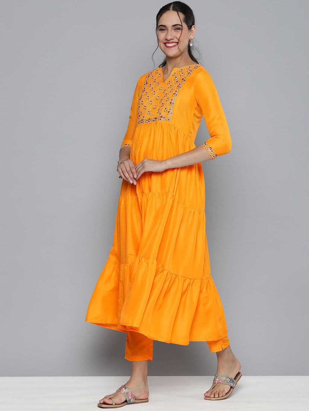 HERE&NOW Women Yellow Embroidered Kurta with Trousers & With Dupatta | Grocsy