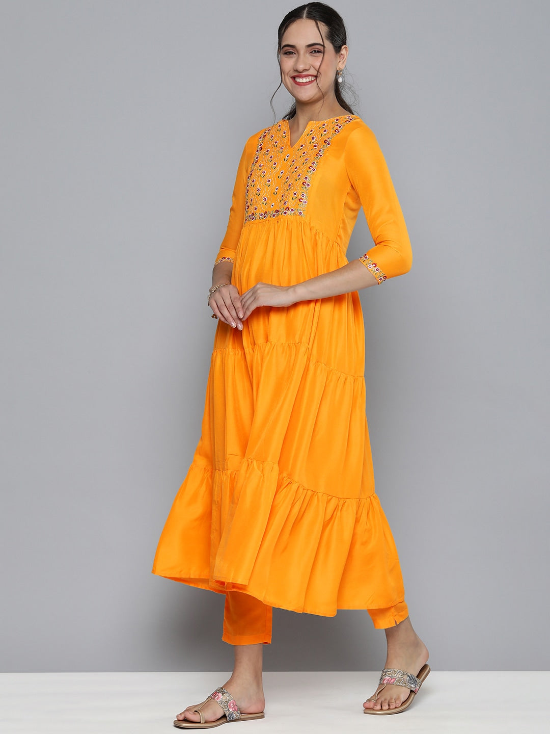 HERE&NOW Women Yellow Embroidered Kurta with Trousers & With Dupatta | Grocsy