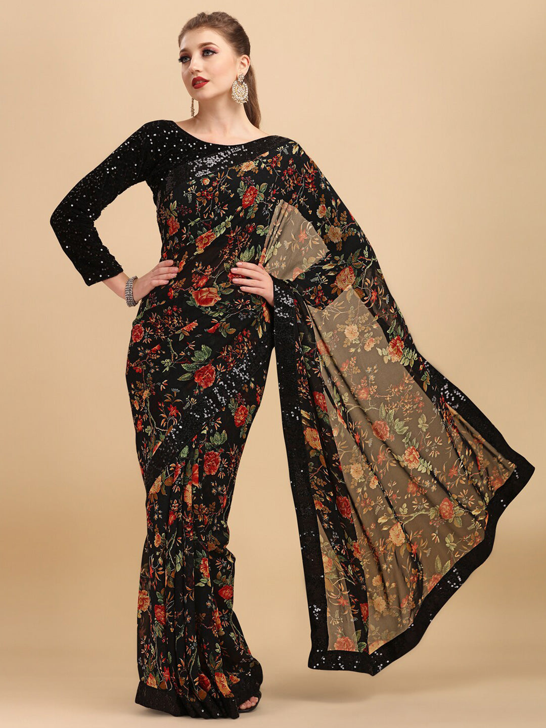 Sangria Floral Printed Embroidered Saree | Grocsy