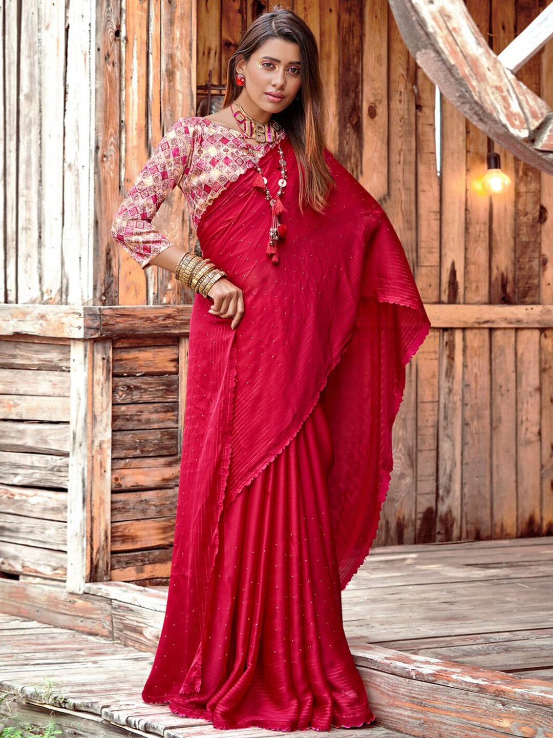 Saree Mall Pink Embellished Beads and Stones Pure Chiffon Sarees | Grocsy