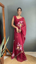 Aayaa Designer 1 min Hand Painted Ready to Wear saree - Maroon | Grocsy