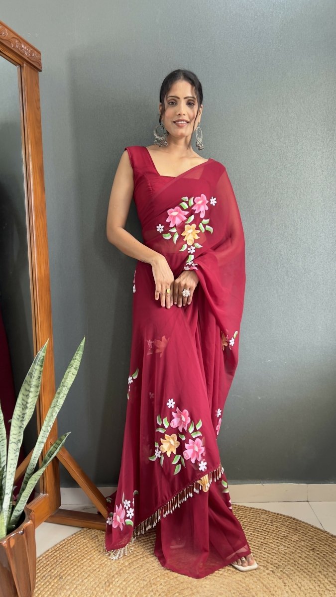 Aayaa Designer 1 min Hand Painted Ready to Wear saree - Maroon | Grocsy