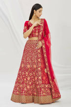Red Velvet Semi-Stitched Wedding Bridal Lehenga - Nimaya | Grocsy