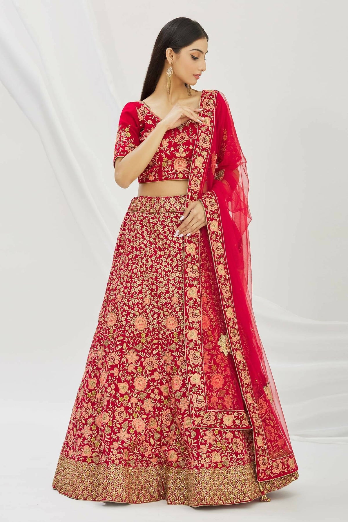 Red Velvet Semi-Stitched Wedding Bridal Lehenga - Nimaya | Grocsy