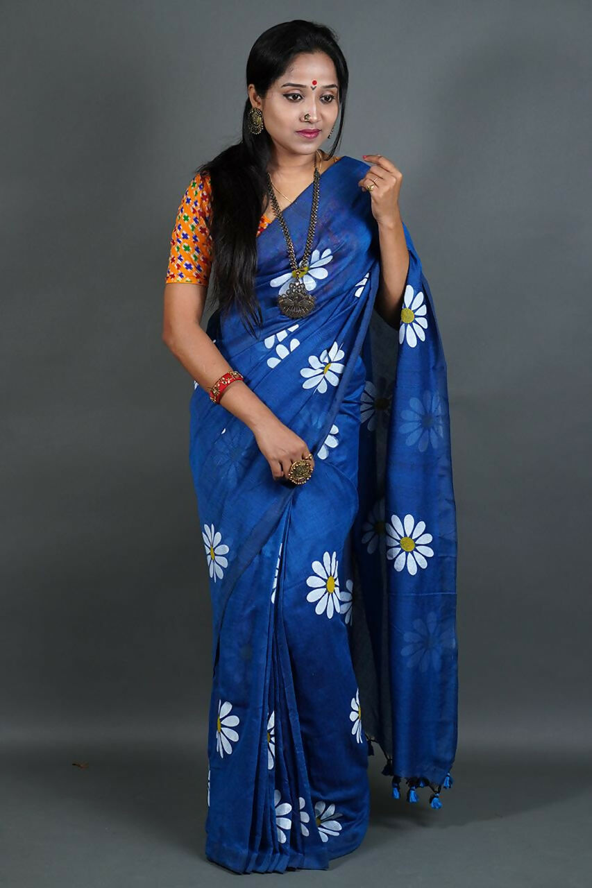 Exclusive Collection Blue Pure Cotton Saree With Sunflower Design | Grocsy