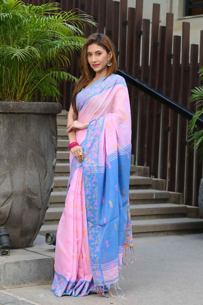 Beatitude Pink Slub Cotton Floral Jamdani Saree | Grocsy