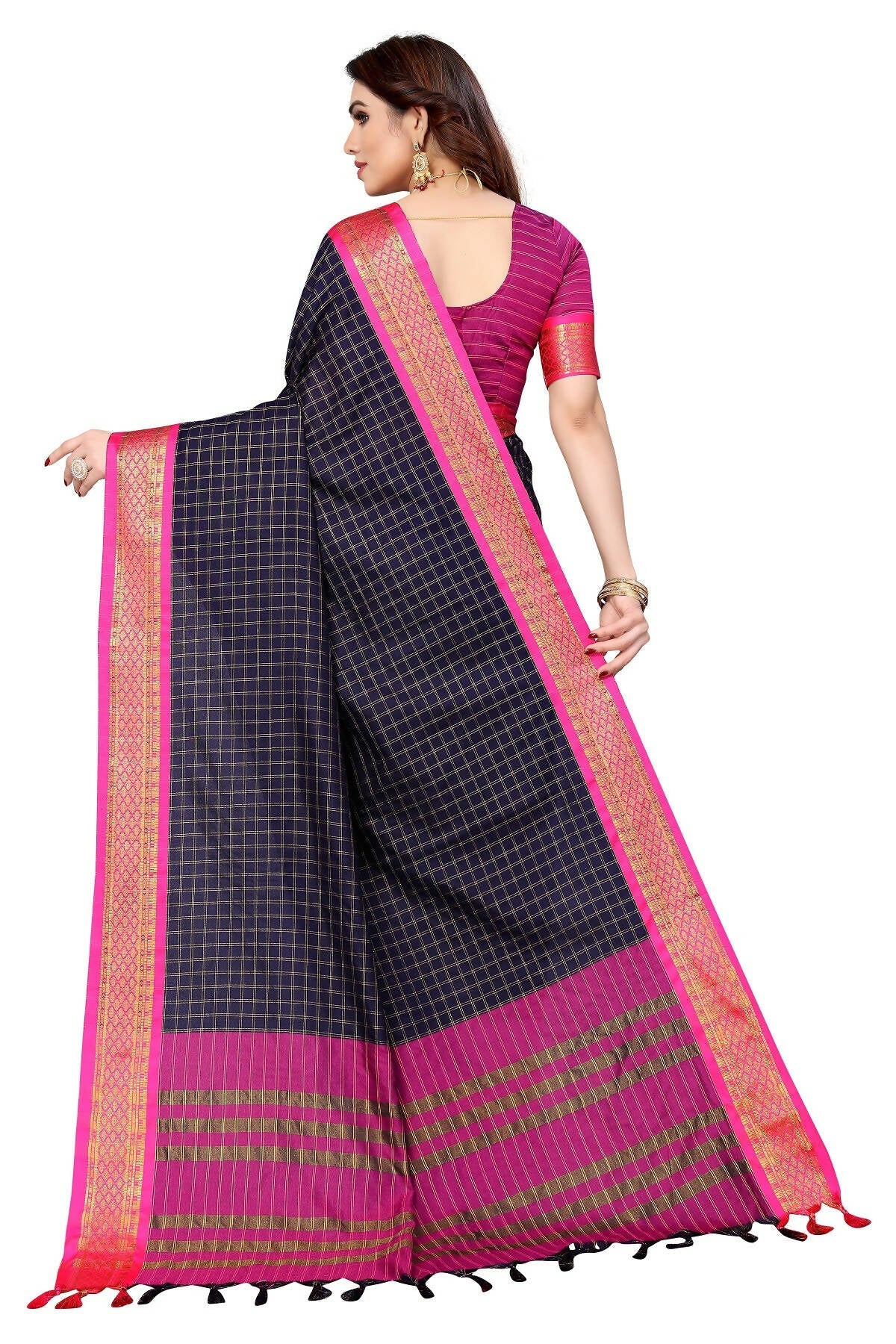 Vamika Weaving Navy Cotton Silk Saree | Grocsy