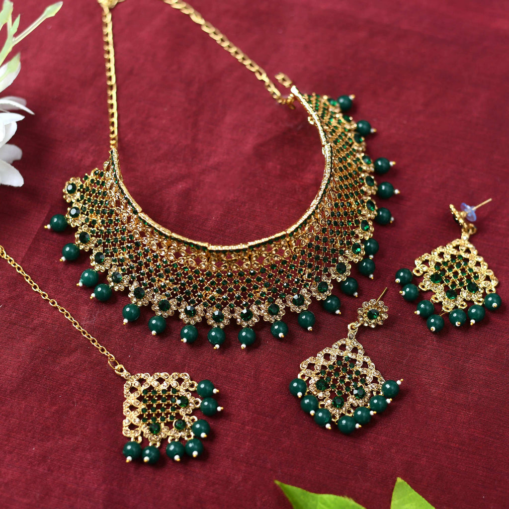 Mominos Fashion Johar Kamal Traditional Rajwadi Design Heavy Golden/Green Color Necklace Set | Grocsy