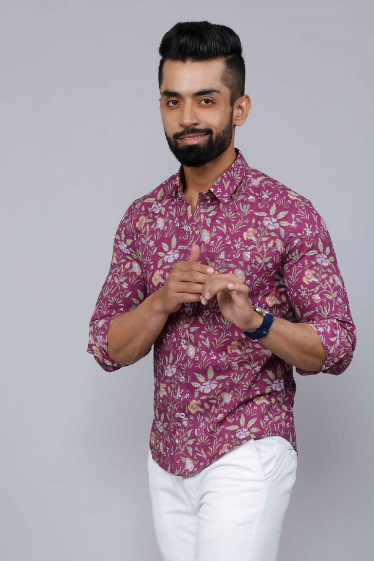 Miravan Men's Purple Comfort Foral Printed Casual Cotton Shirt | Grocsy