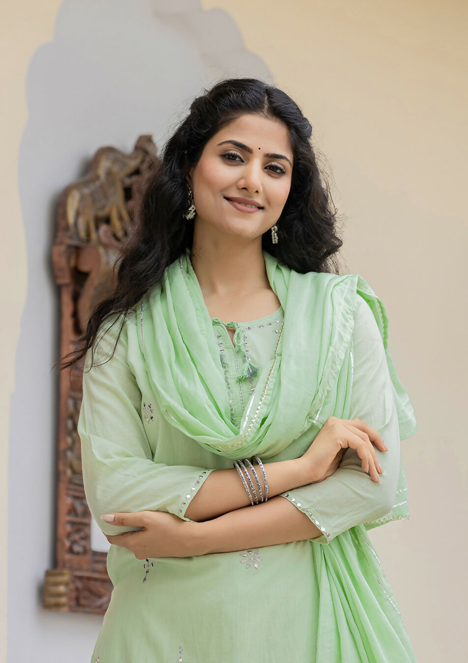 Kaajh Women's Green Mirror Embellished Cotton Suit Set | Grocsy