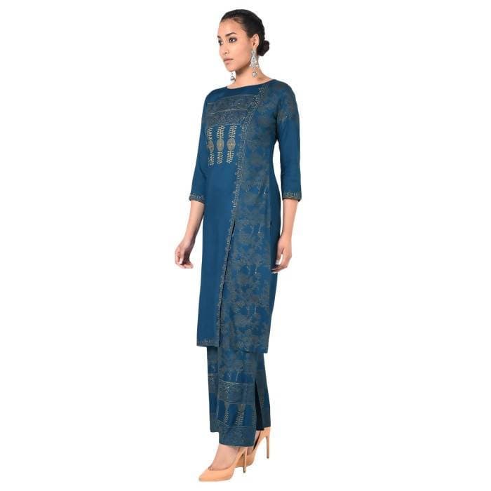 Aniyah Rayon Block Print Front Slit Straight Kurta With Palazzo Set In Blue (AN-166K) | Grocsy