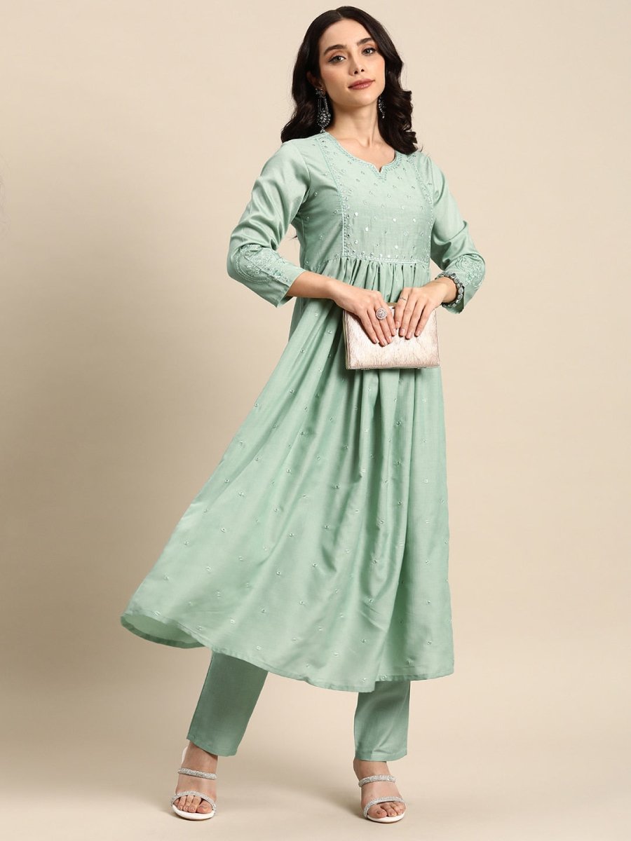 All About You Ethnic Motifs Embroidered Mirror Work Kurta With Trousers | Grocsy
