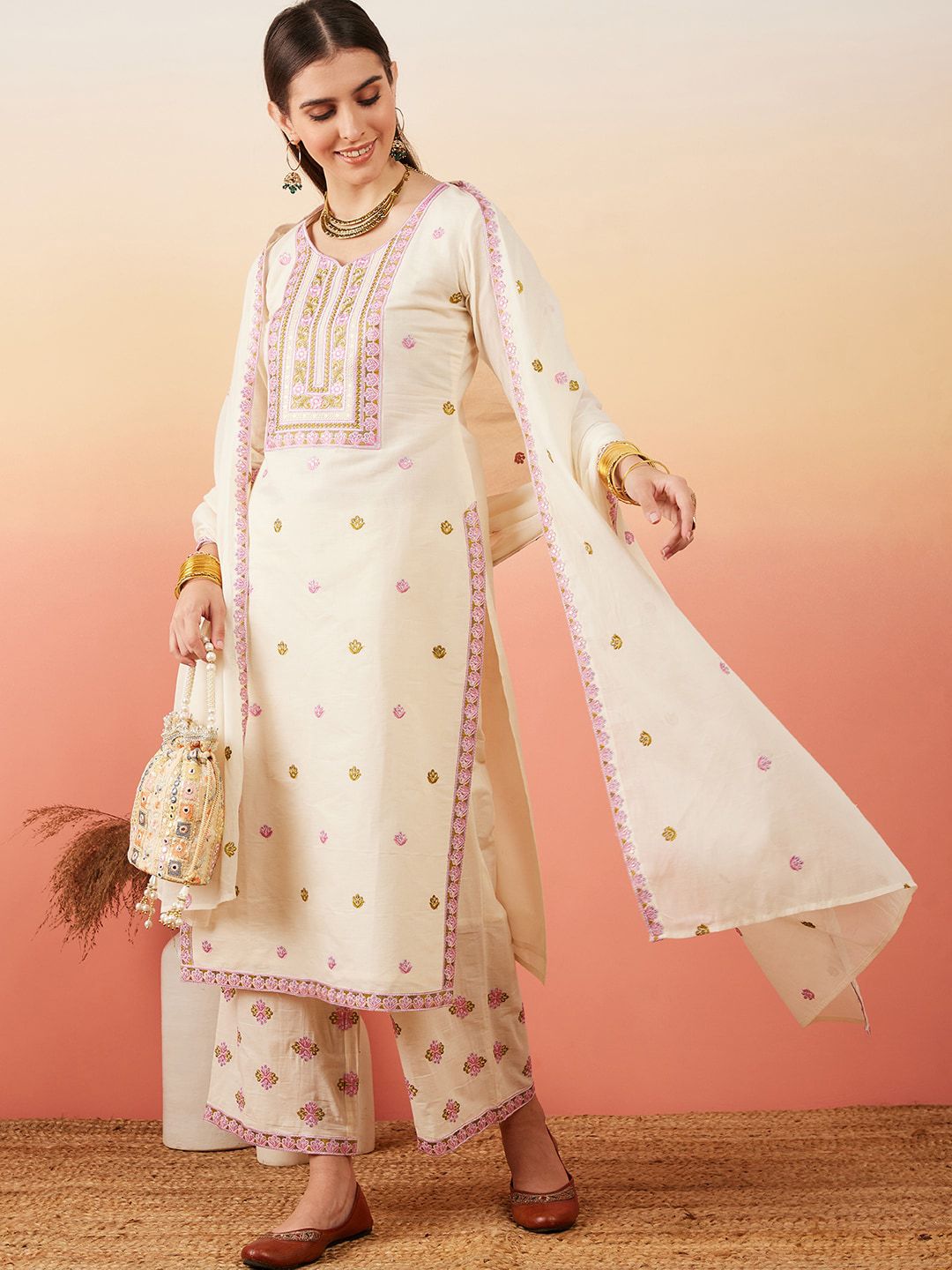 Sangria Floral Embroidered Pure Cotton Straight Kurta With Palazzo & Dupatta | Grocsy