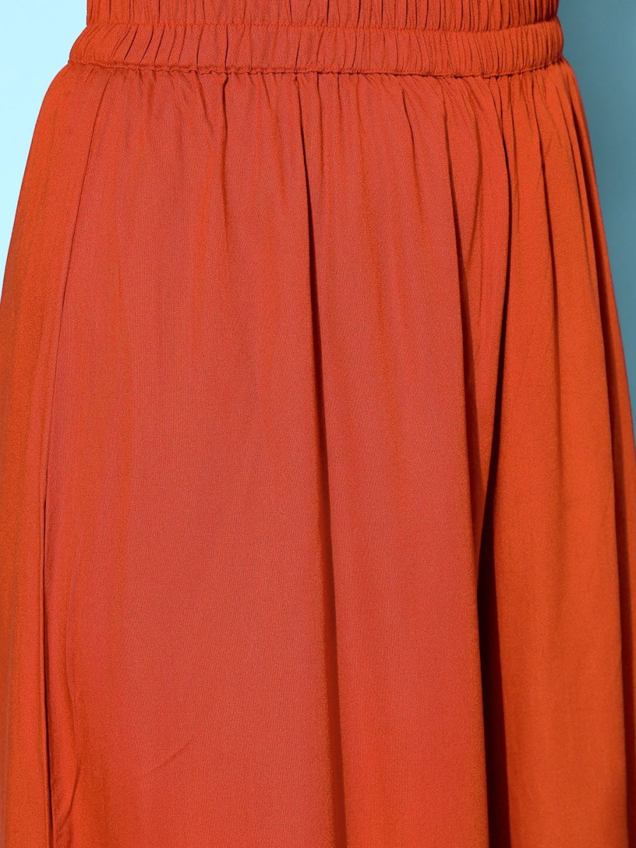 All About You Brick Red Printed Dipped Hem Veere Di Wedding A-Line Kurta with Palazzos | Grocsy
