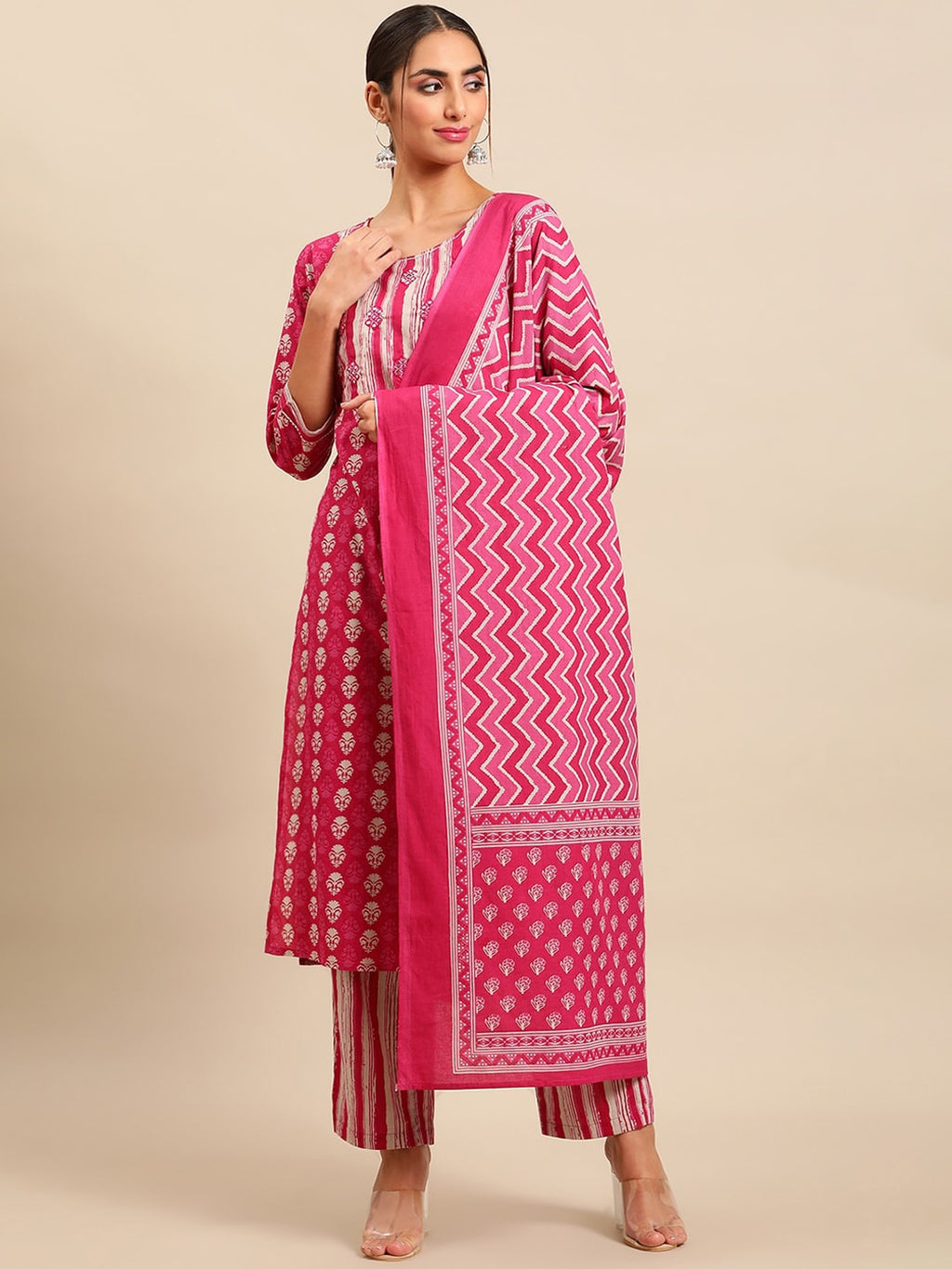 Sangria Women Ethnic Motifs Printed Pure Cotton Kurta with Trousers & With Dupatta | Grocsy