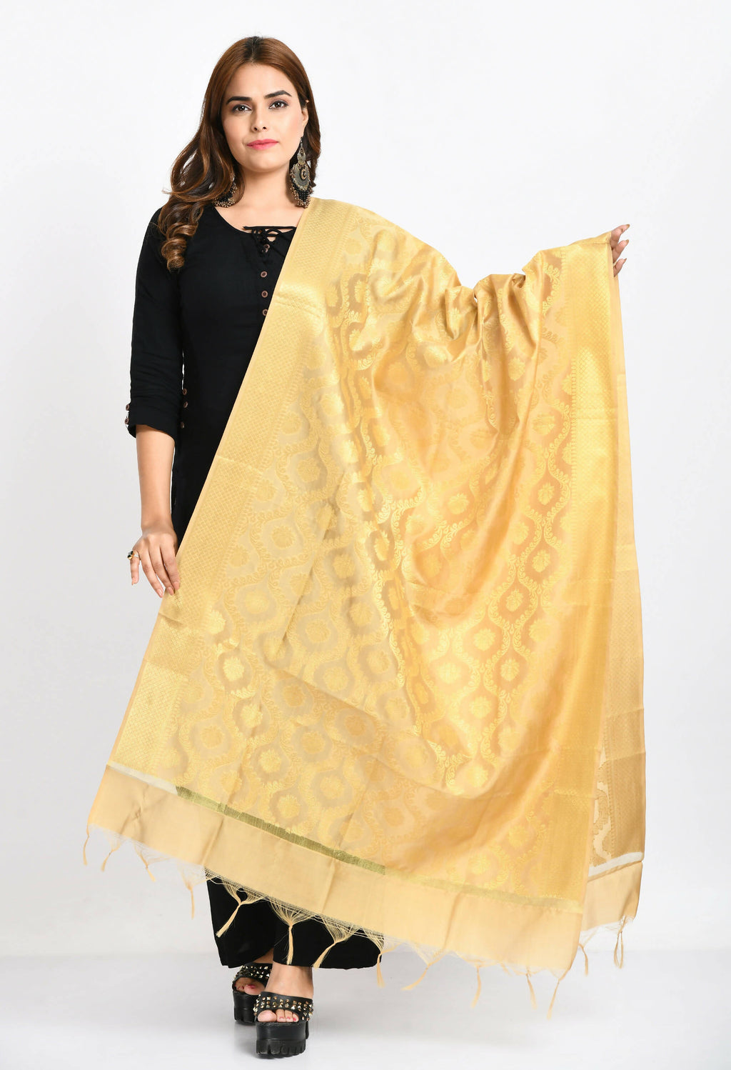 Mominos Fashion Moeza Women's Banarsi Silk All Over Woven Design Golden Dupatta | Grocsy