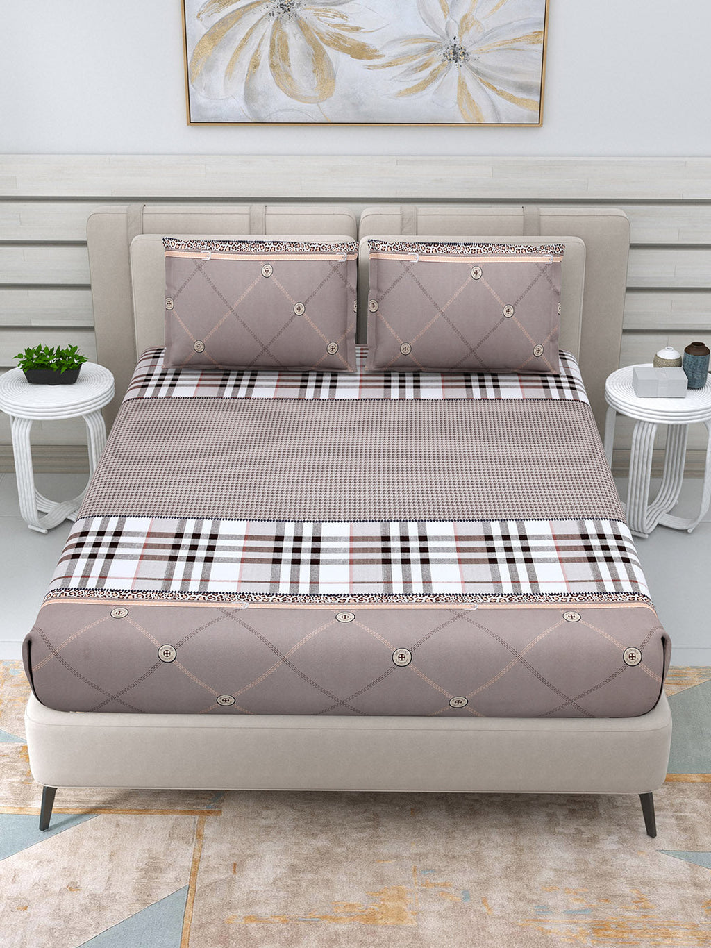 DREAM WEAVERZ Beige Checked 220 TC Glazed Cotton Bedsheet with Pillow Covers | Grocsy