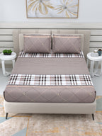 DREAM WEAVERZ Beige Checked 220 TC Glazed Cotton Bedsheet with Pillow Covers | Grocsy