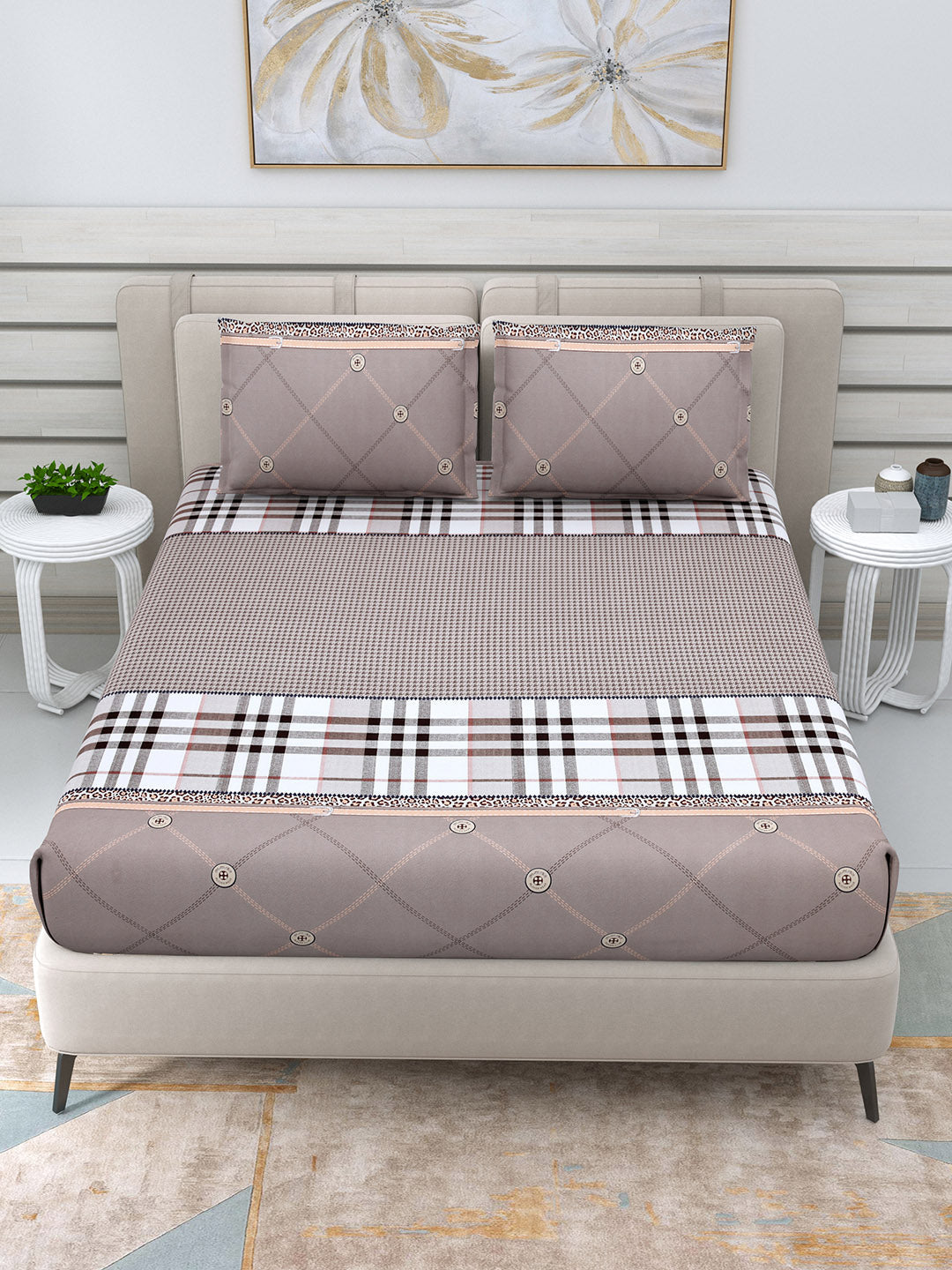 DREAM WEAVERZ Beige Checked 220 TC Glazed Cotton Bedsheet with Pillow Covers | Grocsy