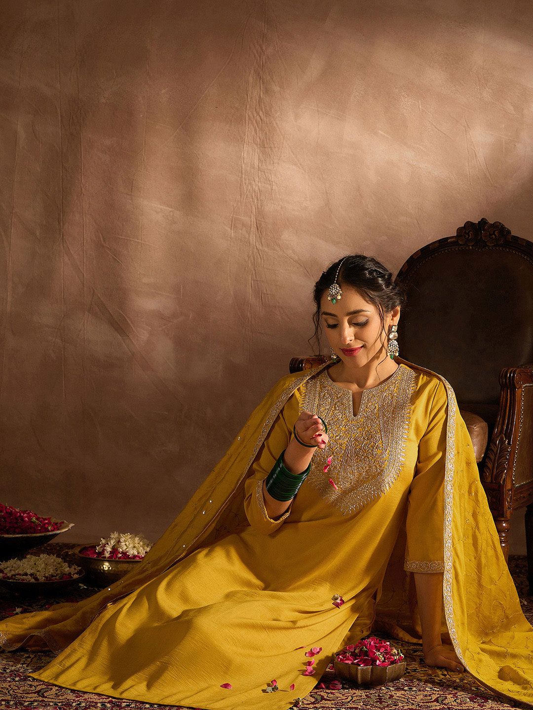 Indo Era Yellow Paisley Embroidered Regular Straight Kurta With Trousers & Dupatta | Grocsy