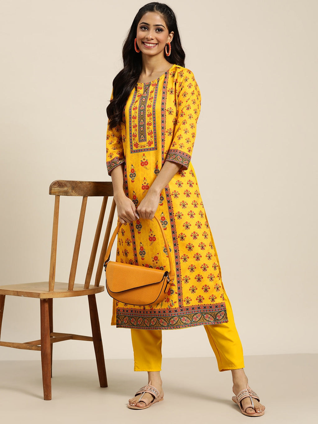 Sangria Women Yellow Ethnic Motifs Printed Kurta with Trousers | Grocsy