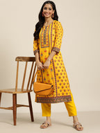 Sangria Women Yellow Ethnic Motifs Printed Kurta with Trousers | Grocsy