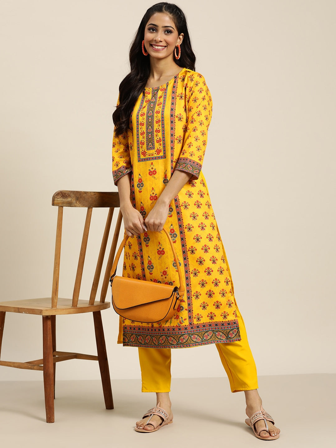 Sangria Women Yellow Ethnic Motifs Printed Kurta with Trousers | Grocsy