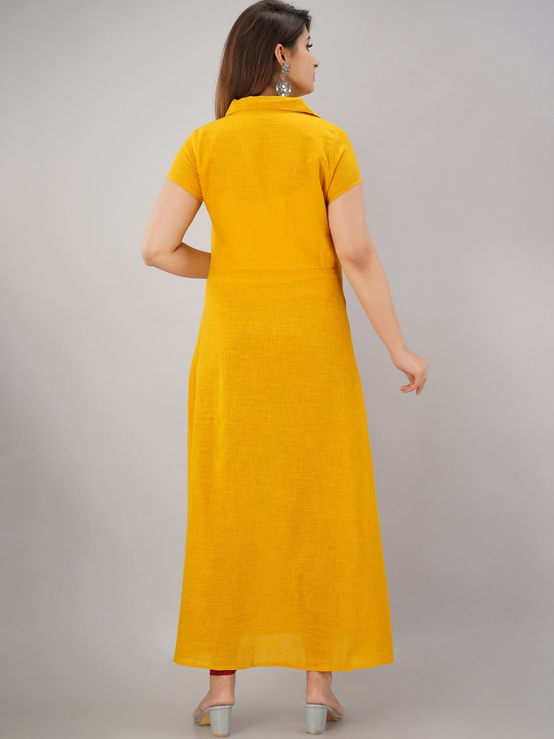 HERE&NOW Mustard Yellow Shirt Collar Thread Work A-Line Kurta | Grocsy