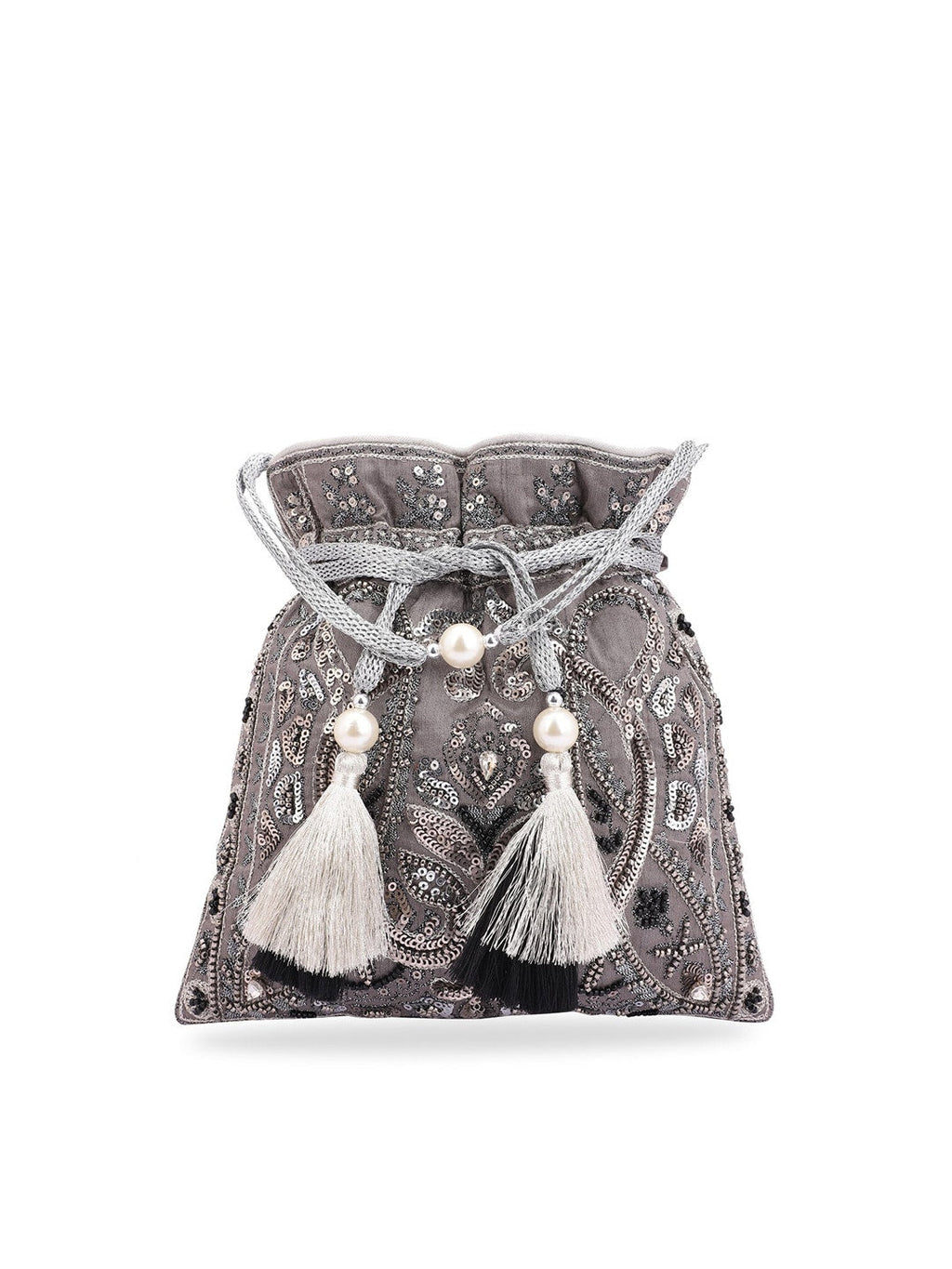 Masq Grey & White Embellished Potli Clutch | Grocsy
