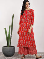 Sangria Women Red Printed Kurta with Palazzos | Grocsy