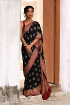 Joban Fashion Black Crepe Chiffon Pure Handloom Banarasi Silk Saree | Grocsy