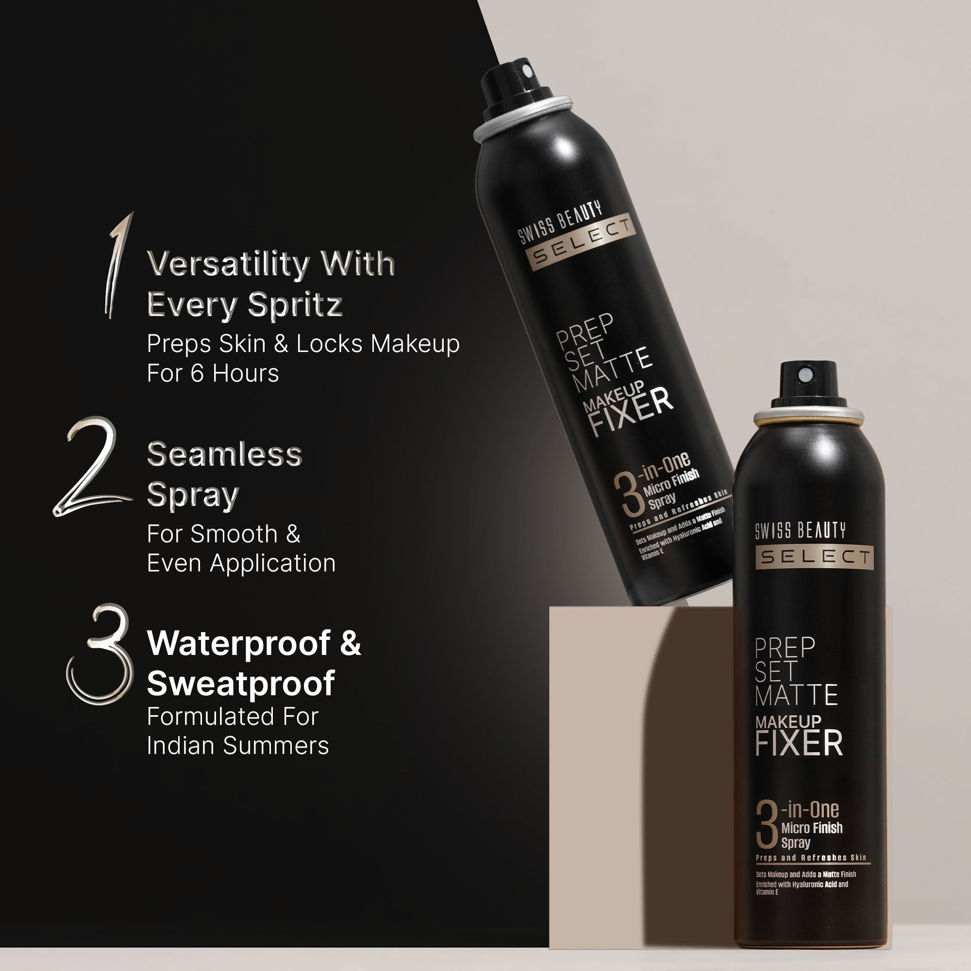 Swiss Beauty Select Prep Set Matte 3 In 1 Micro Finish Spray Enriched With Hyaluronic Acid and Vitamin E | Grocsy