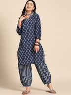 Sangria Blue & White Ethnic Motifs Printed V-Neck Pure Cotton A-Line Kurta With Salwar | Grocsy
