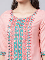 Souchii Women Peach-Coloured & Blue Ethnic Motifs Yoke Design Thread Work Pastels Kurta | Grocsy