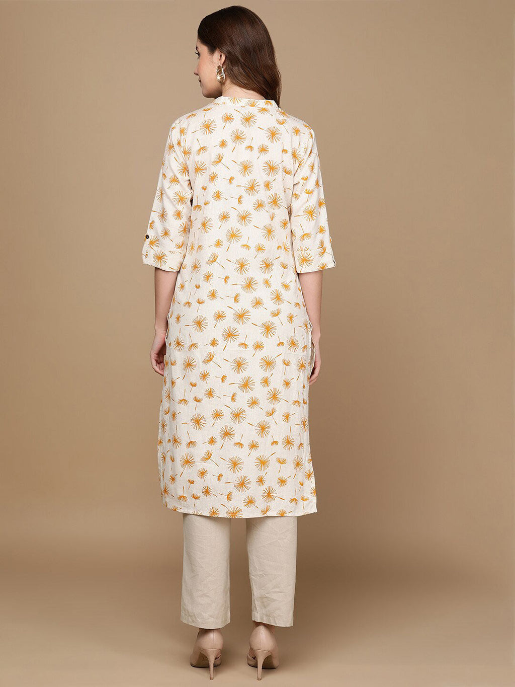 HERE&NOW Off White & Mustard Yellow Floral Printed Thread Work Sequinned Cotton Kurta | Grocsy