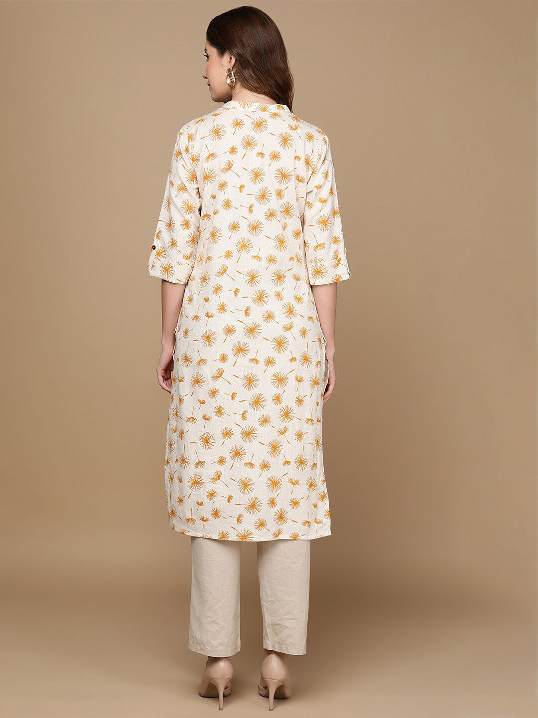 HERE&NOW Off White & Mustard Yellow Floral Printed Thread Work Sequinned Cotton Kurta | Grocsy