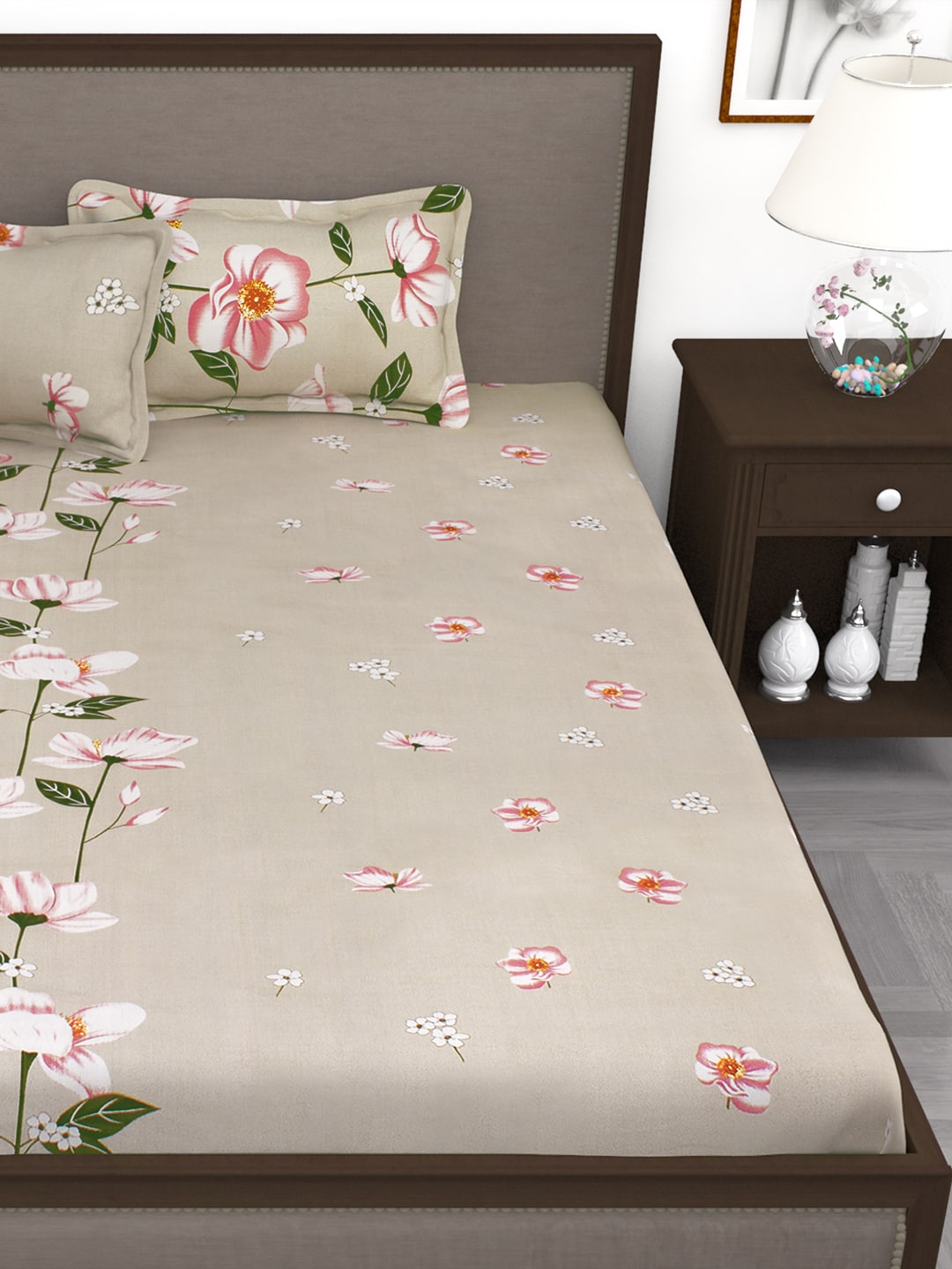 Story@home Beige & Red Floral Flat 240 TC 1 Double Bedsheet with 2 Pillow Covers | Grocsy