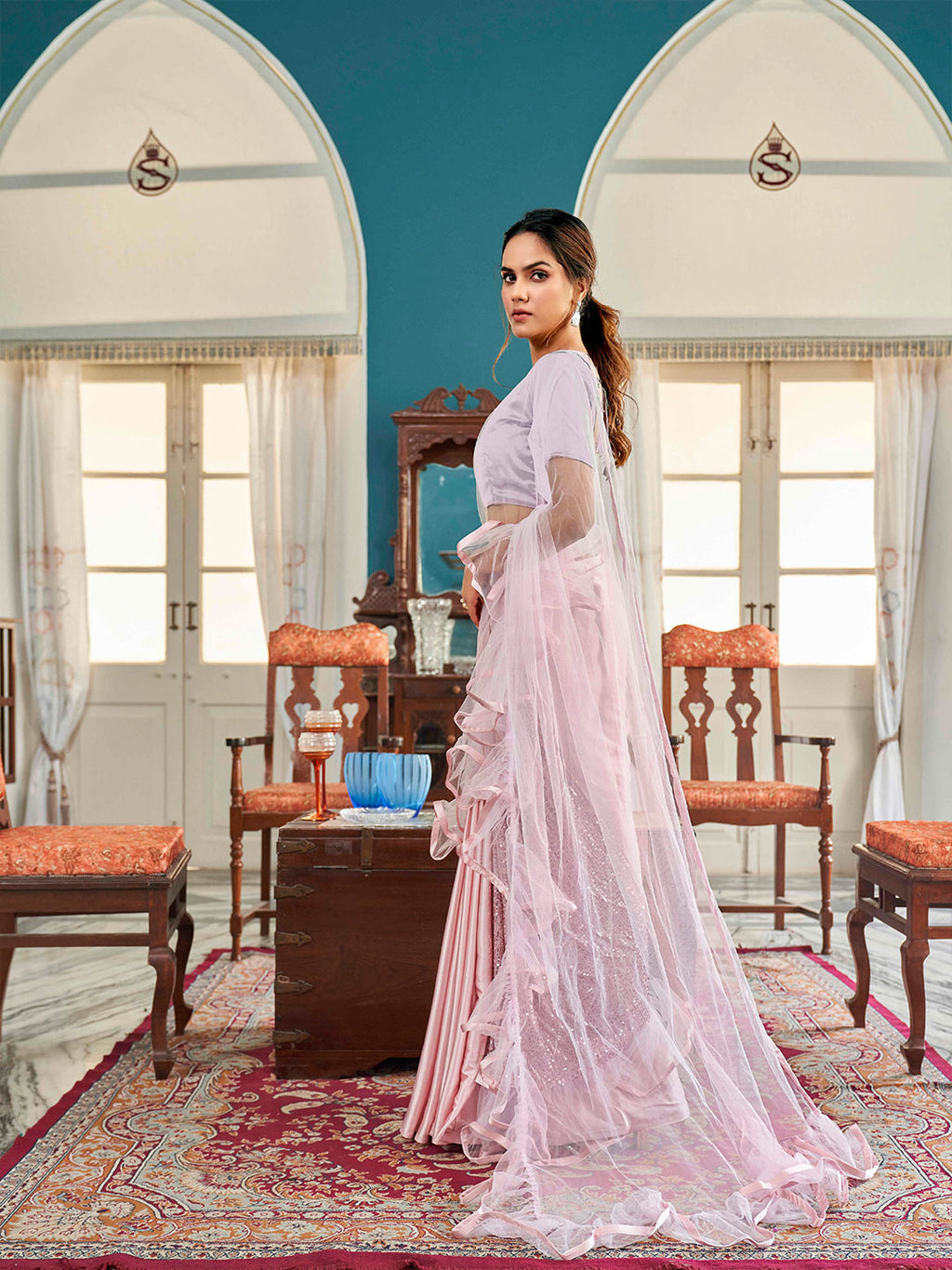 Tikhi Imli Floral Sequinned Satin Half and Half Saree | Grocsy