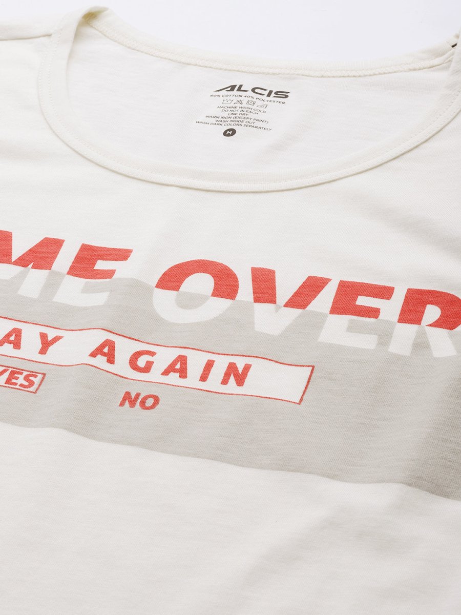 Alcis Men Off White Typography Printed Slim Fit Gym T-shirt | Grocsy