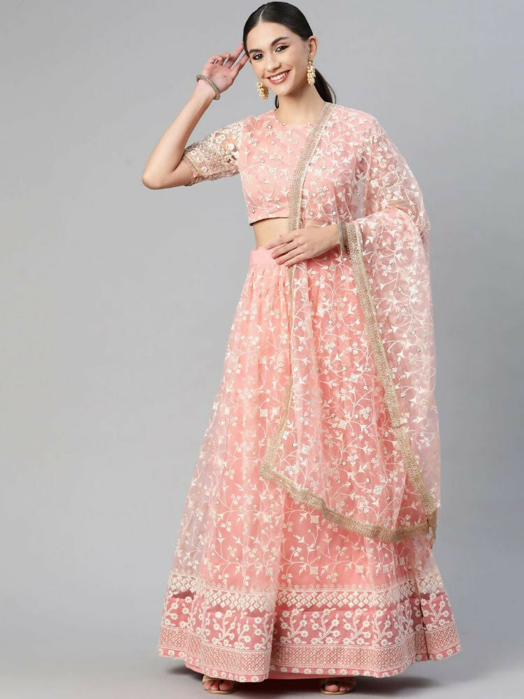 Peach Soft Net Thread Embroidery Work Lehenga Choli - Jihu Culture | Grocsy