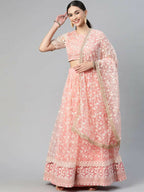 Peach Soft Net Thread Embroidery Work Lehenga Choli - Jihu Culture | Grocsy