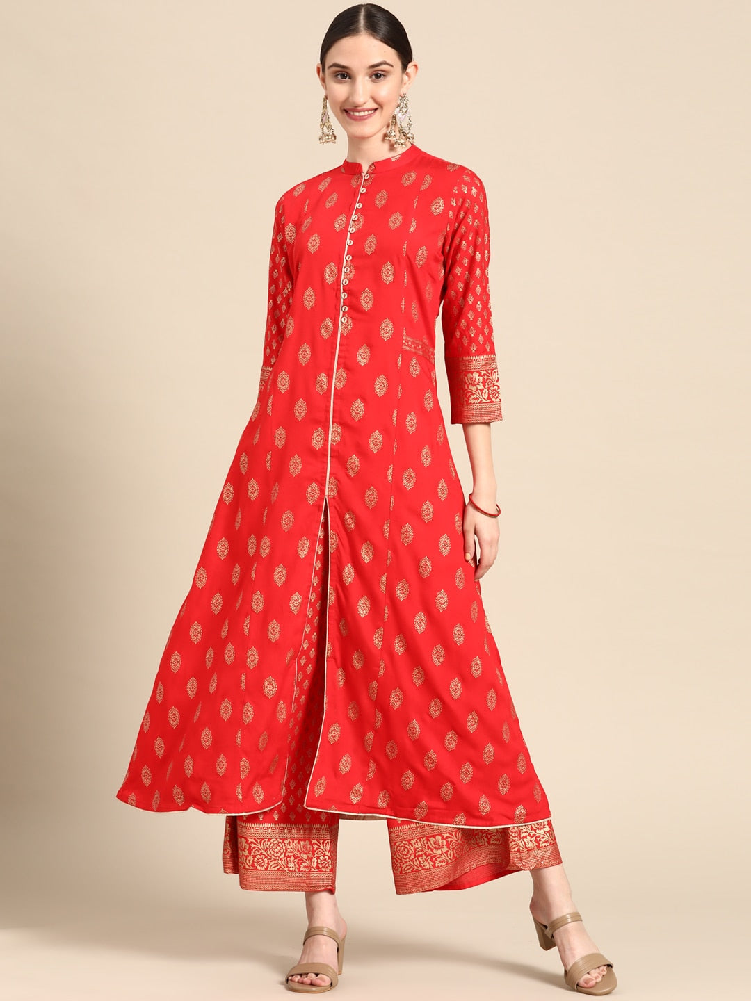 Sangria Women Red Ethnic Motifs Printed Kurta with Palazzos | Grocsy