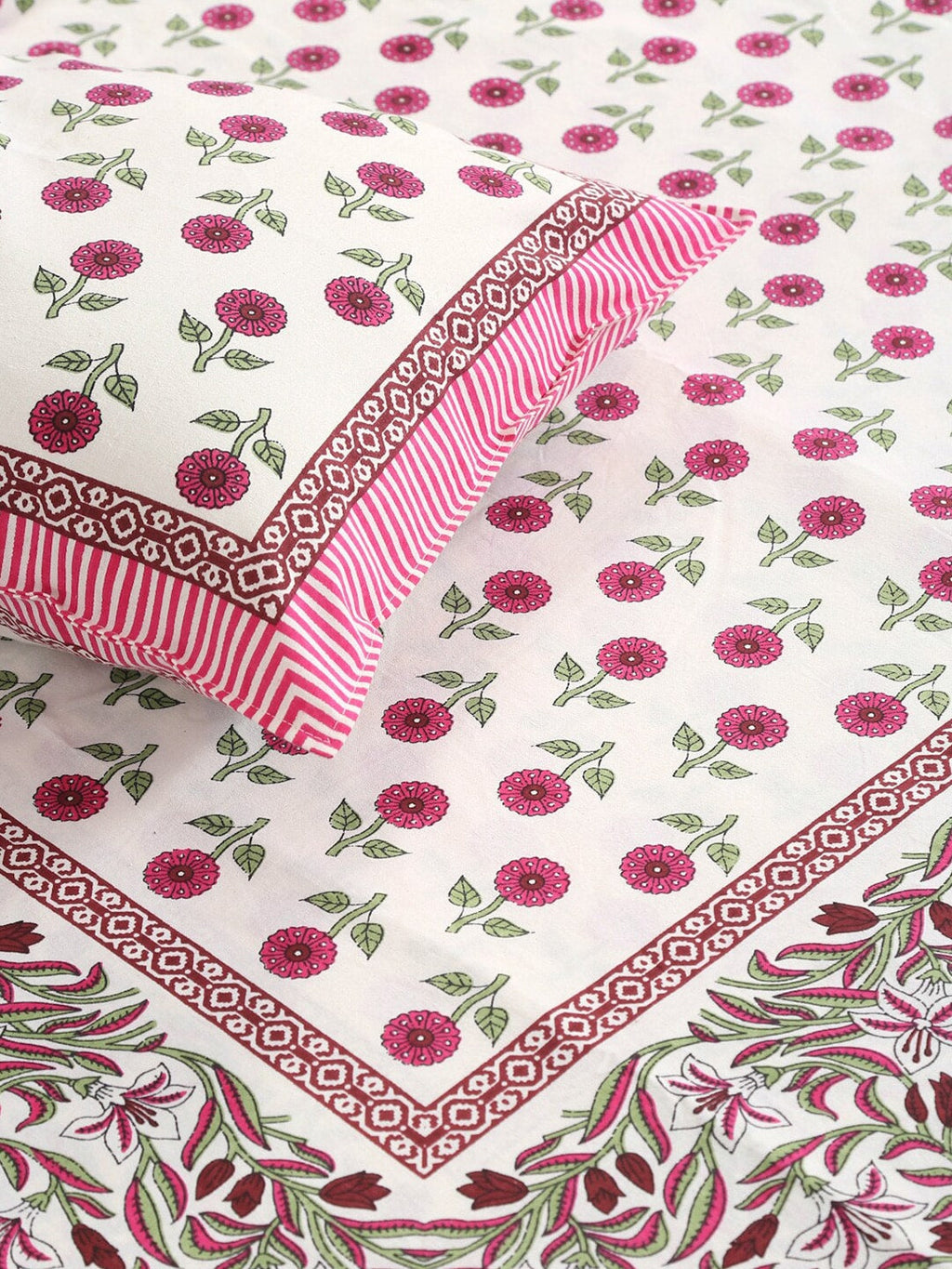 Rajasthan Decor White & Pink Ethnic Motifs 144 TC King Bedsheet with 2 Pillow Covers | Grocsy